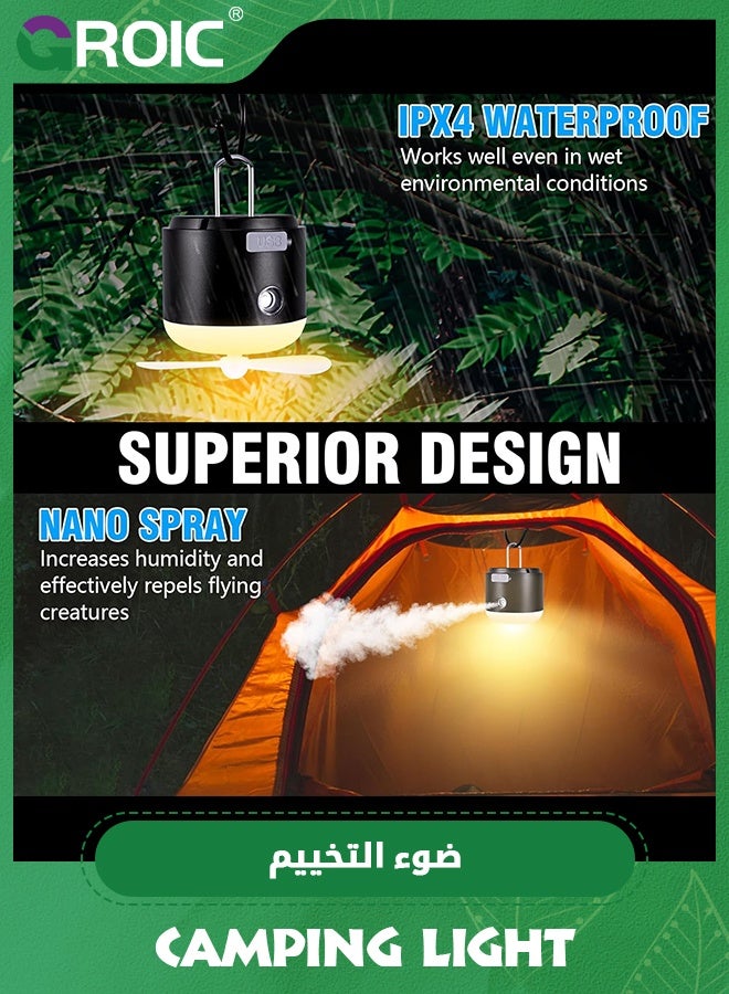 GROIC فانوس تخييم LED، ضوء خيمة قابل لإعادة الشحن، أضواء تخييم بقاعدة مغناطيسية، ضوء طوارئ مع 4 أوضاع إضاءة، مقاوم للماء IPX4، مروحة ورذاذ للطوارئ في الهواء الطلق - Image 5