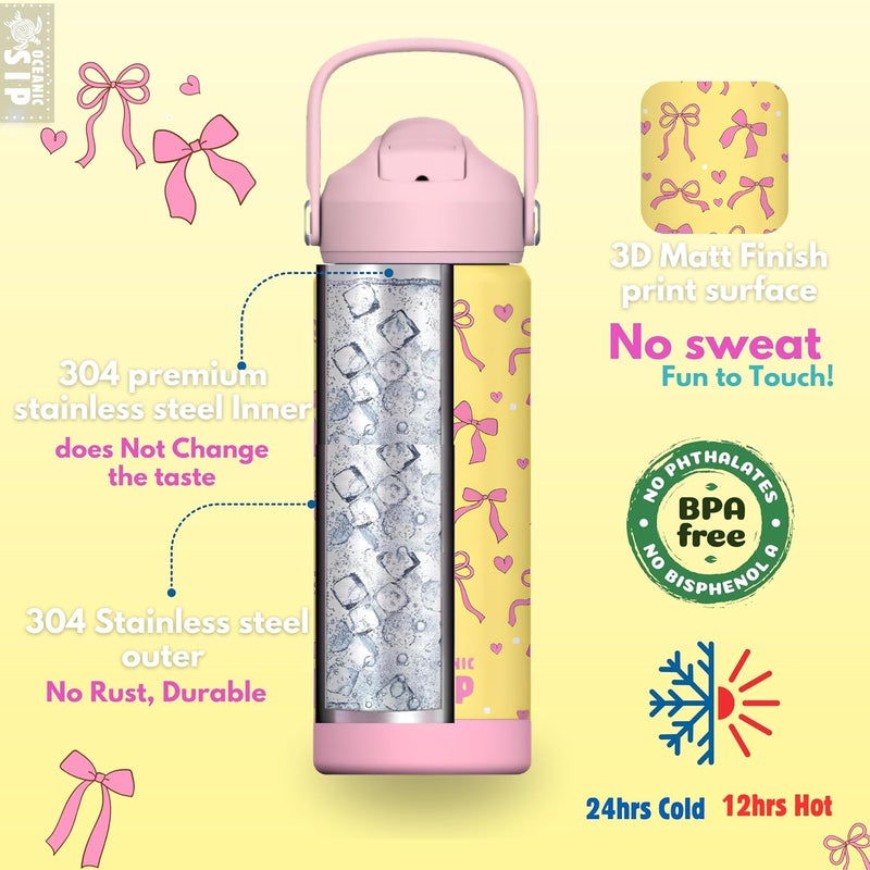 Oceanic 550ml Girls Premium Stainless Steel Water Bottle with Straw – Leak-Proof, Double-Wall Vacuum Insulated, BPA-Free Kids Flask for School & Sports (Ribbons 550ml) - Image 5