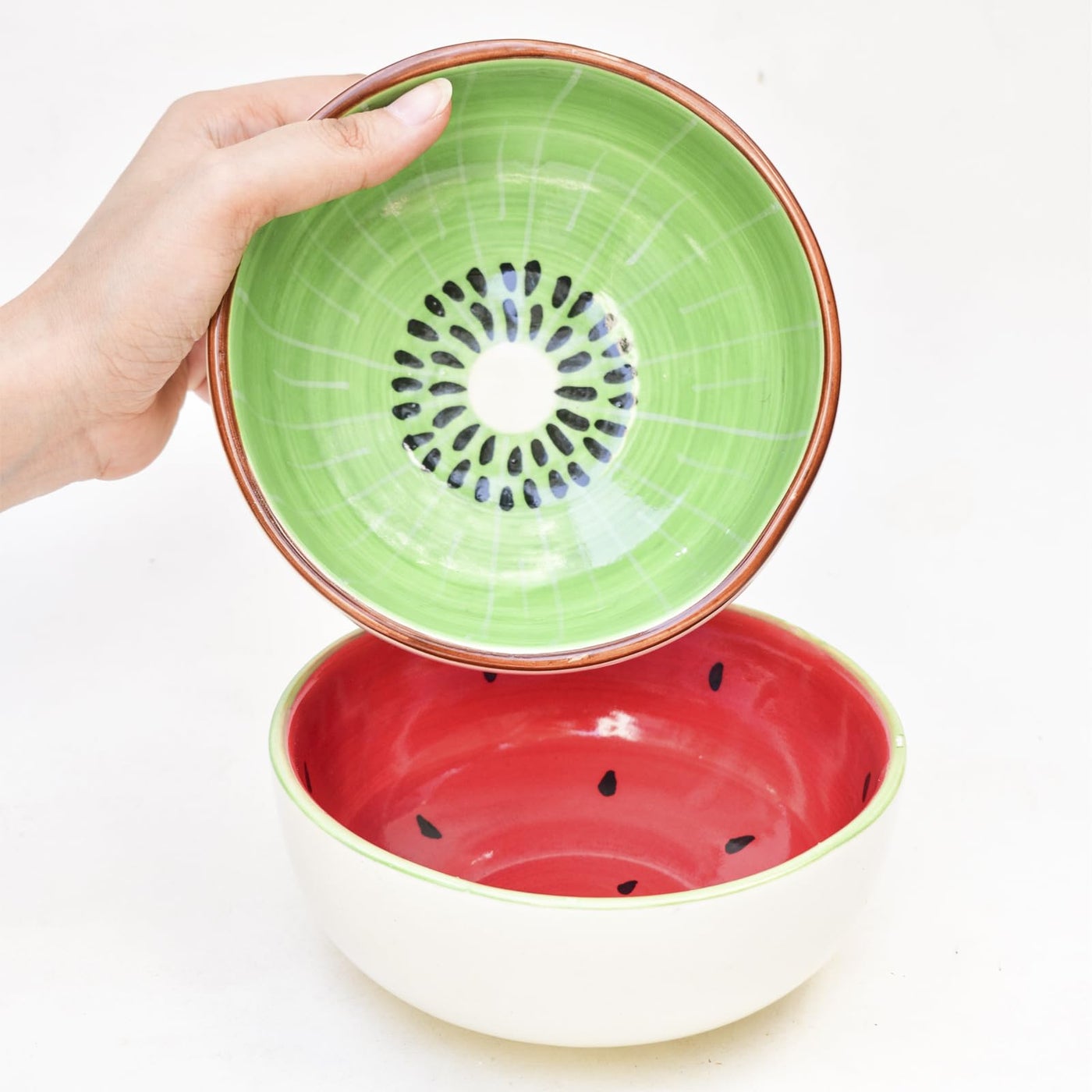 QSHI Studio Cute Ceramic Bowl - Watermelon & Kiwi | Microwave Safe Bowl | Mixing Bowl for Snacks, Pasta, Rice, Dal, Fruits, Salad, Noodles, Maggi 300 ml (Set of 2)
