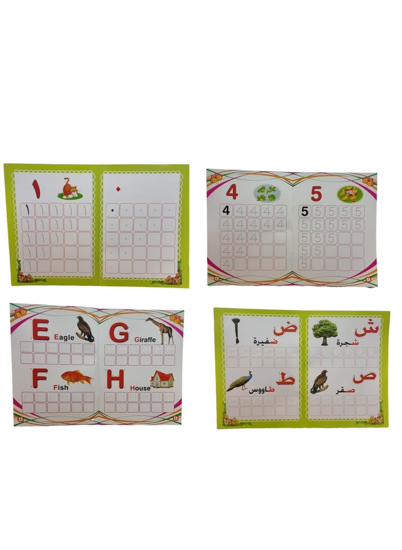 null - مجموعة من 4 كتب كتابة الحروف الهجائية والأرقام انجليزي والحروف والأرقام العربية مع صور ملونة - Image 1