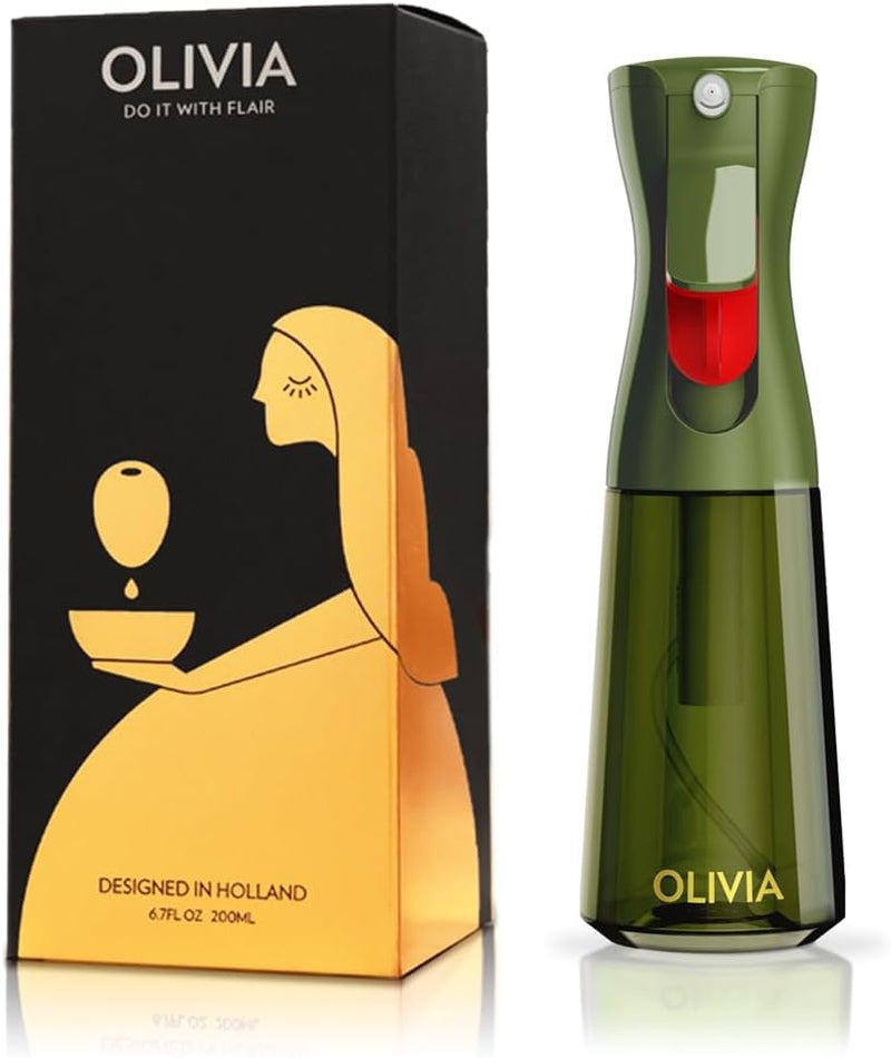 Flairosol رذاذ زيت OLIVIA للطهي، زجاجة زيت زيتون سعة 200 مل، رذاذ طهي مستمر مع تحكم في الكمية، موزع زيت للمطبخ، قلاية هوائية، سلطة، شواء (زجاجة خضراء، طباعة ذهبية) - Image 1