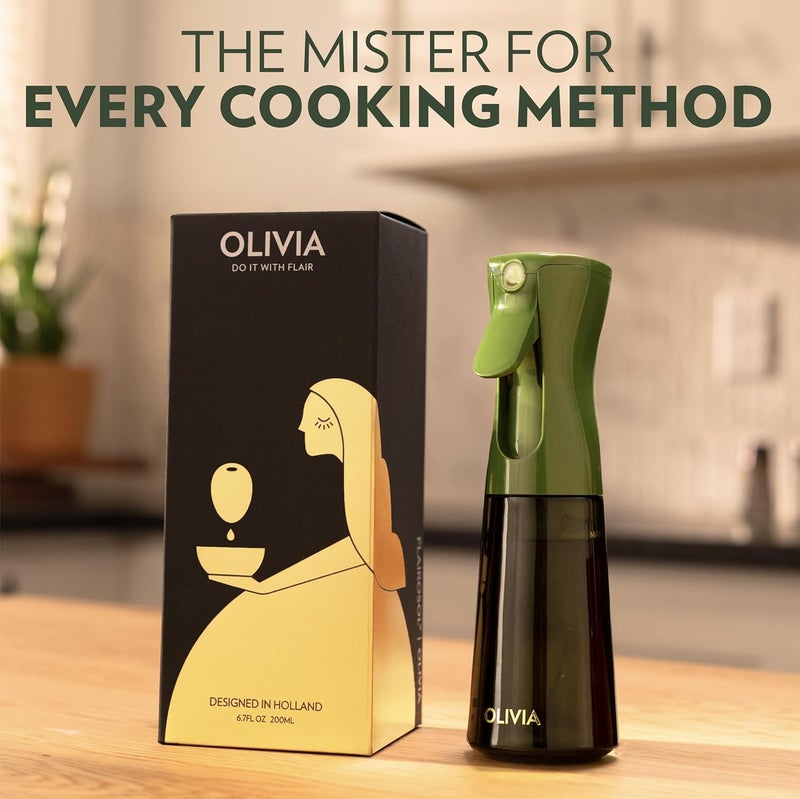 Flairosol رذاذ زيت OLIVIA للطهي، زجاجة زيت زيتون سعة 200 مل، رذاذ طهي مستمر مع تحكم في الكمية، موزع زيت للمطبخ، قلاية هوائية، سلطة، شواء (زجاجة خضراء، طباعة ذهبية) - Image 2