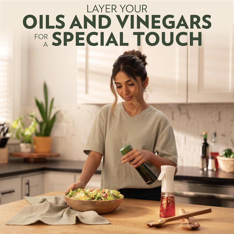 Flairosol رذاذ زيت OLIVIA للطهي، زجاجة زيت زيتون سعة 200 مل، رذاذ طهي مستمر مع تحكم في الكمية، موزع زيت للمطبخ، قلاية هوائية، سلطة، شواء (زجاجة خضراء، طباعة ذهبية) - Image 5