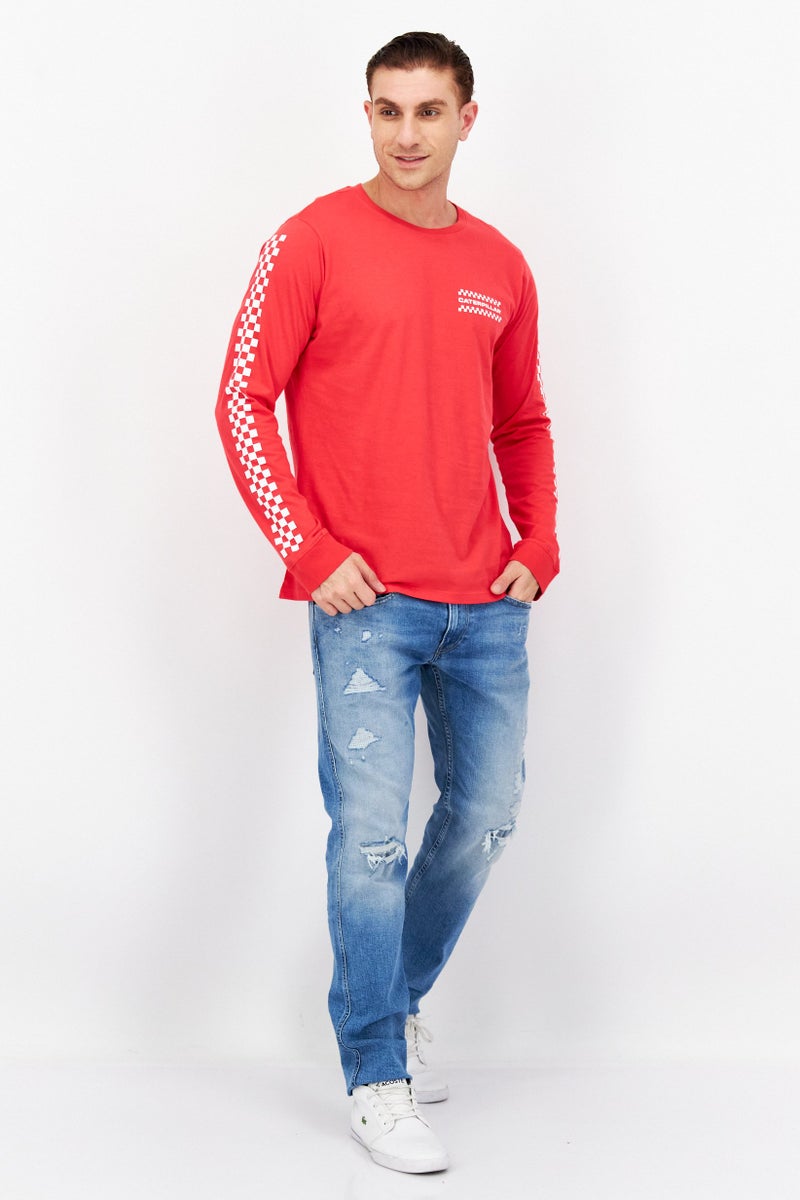 CATERPILLAR Men Crew Neck Long  Sleeve Brand Logo T-Shirts, Red/White - Image 2