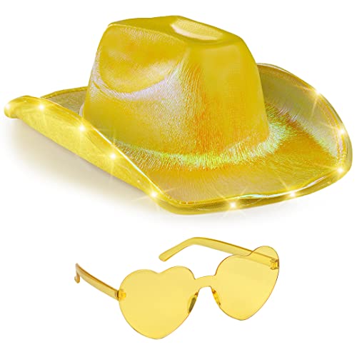 Funcredible Gold Light Up Cowboy Hat and Glasses Led Cowgirl Hat for Girls Neon Cowboy Hat Cowgirl Costume Accessories for Women - Image 1