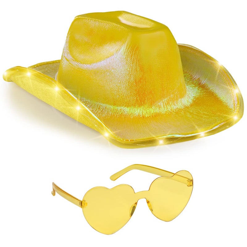 Funcredible Gold Light Up Cowboy Hat and Glasses Led Cowgirl Hat for Girls Neon Cowboy Hat Cowgirl Costume Accessories for Women - Image 2