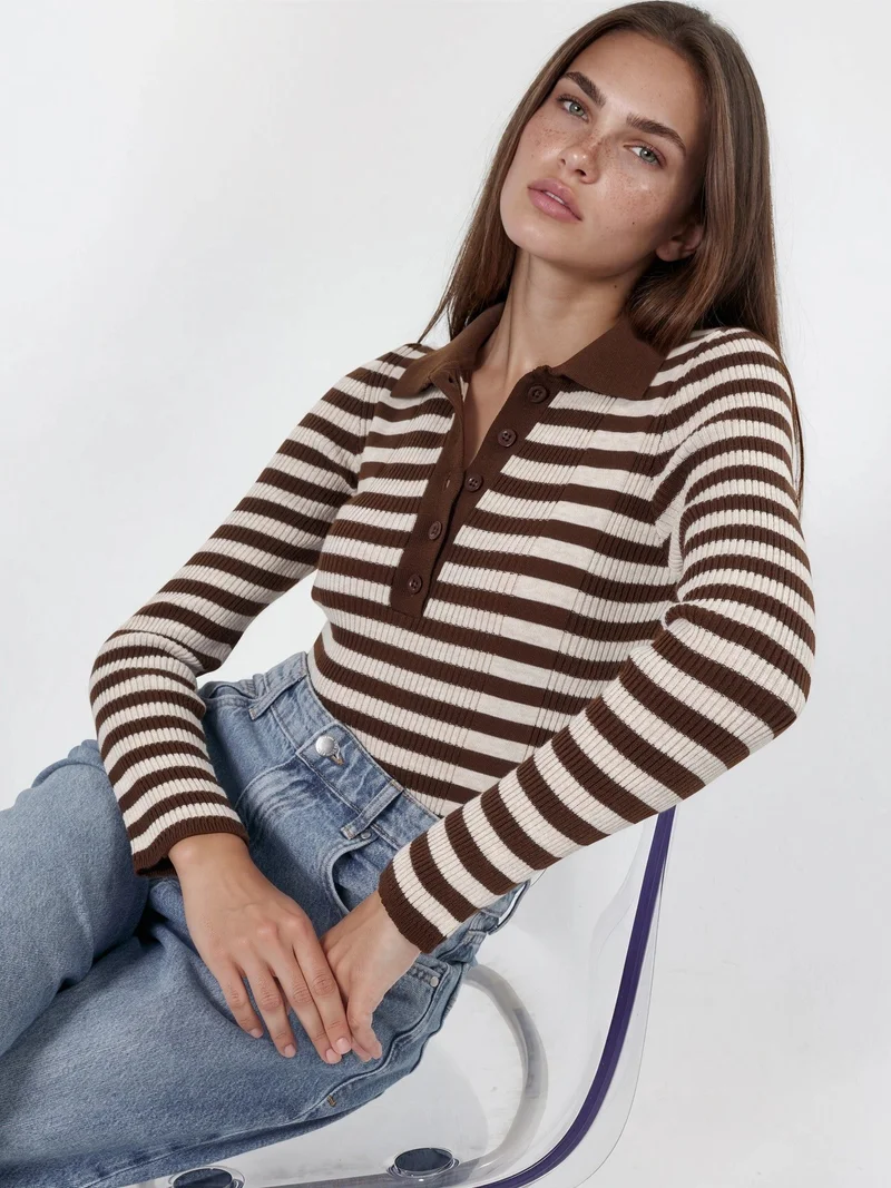 هيكاب Striped Ribbed Button Polo Sweater