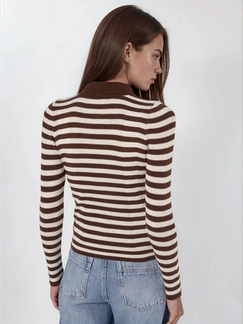 هيكاب Striped Ribbed Button Polo Sweater