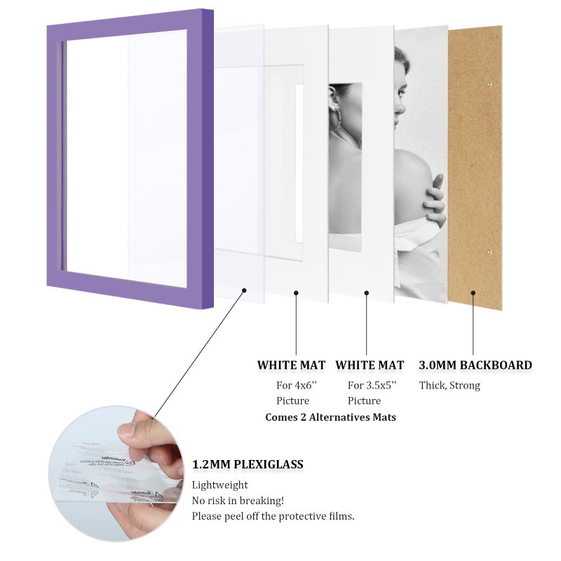 Egofine 5x7 Picture Frame Made of Solid Wood Covered by Plexiglass Display Pictures 3.5x5/4x6 with Mat or 5x7 Without Mat for Table Top Display and Wall Mounting Photo Frame  Purple - Image 4