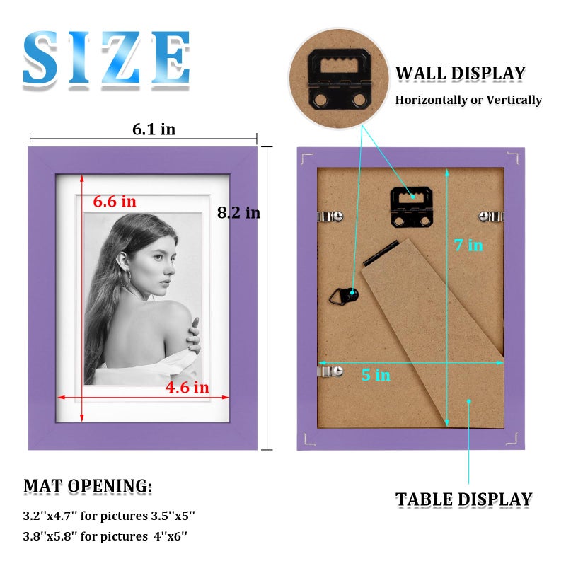 Egofine 5x7 Picture Frame Made of Solid Wood Covered by Plexiglass Display Pictures 3.5x5/4x6 with Mat or 5x7 Without Mat for Table Top Display and Wall Mounting Photo Frame  Purple - Image 3
