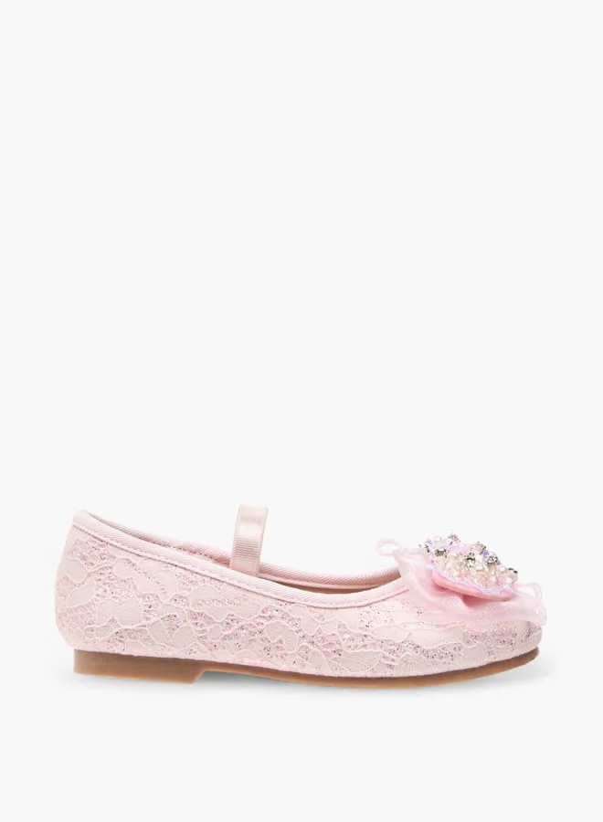 JUNIORS Girls Lace Textured Bow Ballerina Shoes With Elasticated Strap
