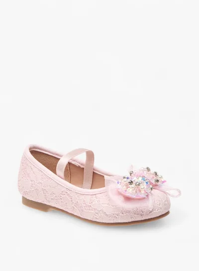 JUNIORS Girls Lace Textured Bow Ballerina Shoes With Elasticated Strap