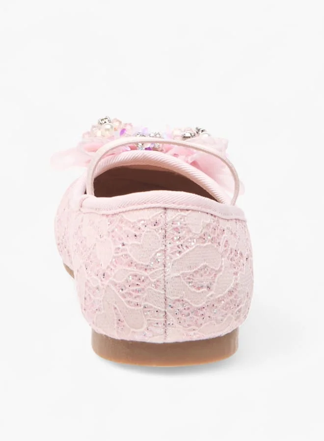 JUNIORS Girls Lace Textured Bow Ballerina Shoes With Elasticated Strap