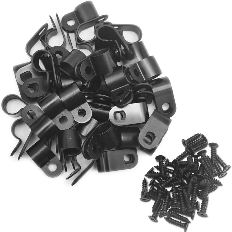 Alamic Cable Clamp R-Type Cable Clip Wire Clamp 5/16" Nylon Screw Mounting Cord Fastener Clips with Screws for Wire Management - Black - 50 Pcs - Image 1