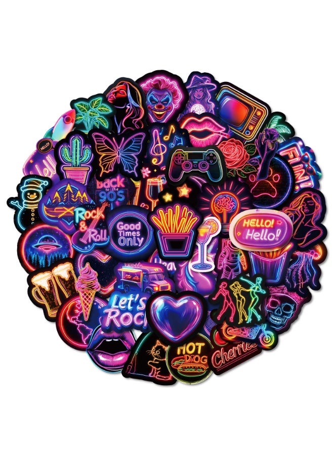 NIBEMINENT 50 Pcs Creative Neon Graffiti Deco Kit Waterproof Stickers, High Definition Printing Bright Colors, Suitable for Laptop Skateboard Luggage Water Bottle Guitar DIY - Image 1