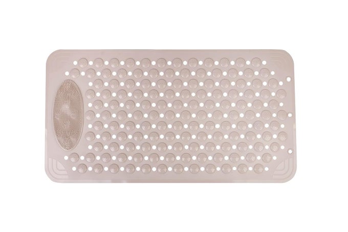 ANTI SKID BATH MAT WITH FOOT SCRUBBER FOR BATH ROOM SHOWER MAT WITH SUCTION CUPS DRAIN HOLES SILICONE FLOOR MAT FOR KIDS ADULTS BEIGE
