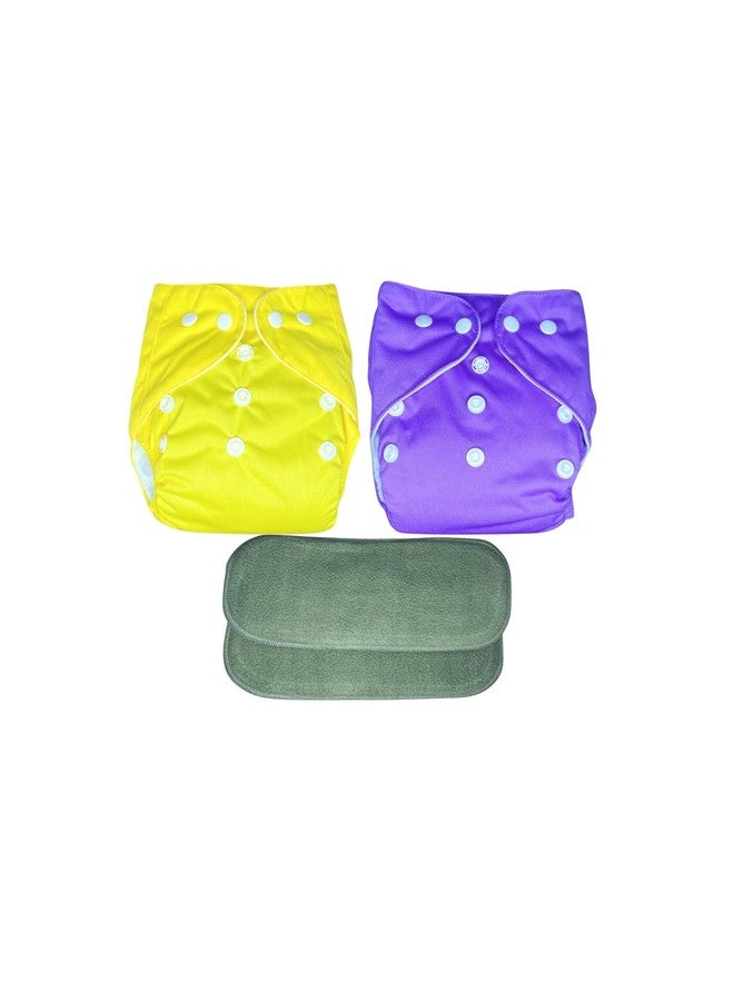 Kogar New Adjustable Reuse Nappy,Reusable & Washable Cloth Diaper Set with Super Absorbent Inserts, 3-36 Months, 2 Diapers with 2 Inserts (Yellow & purple) - Image 1