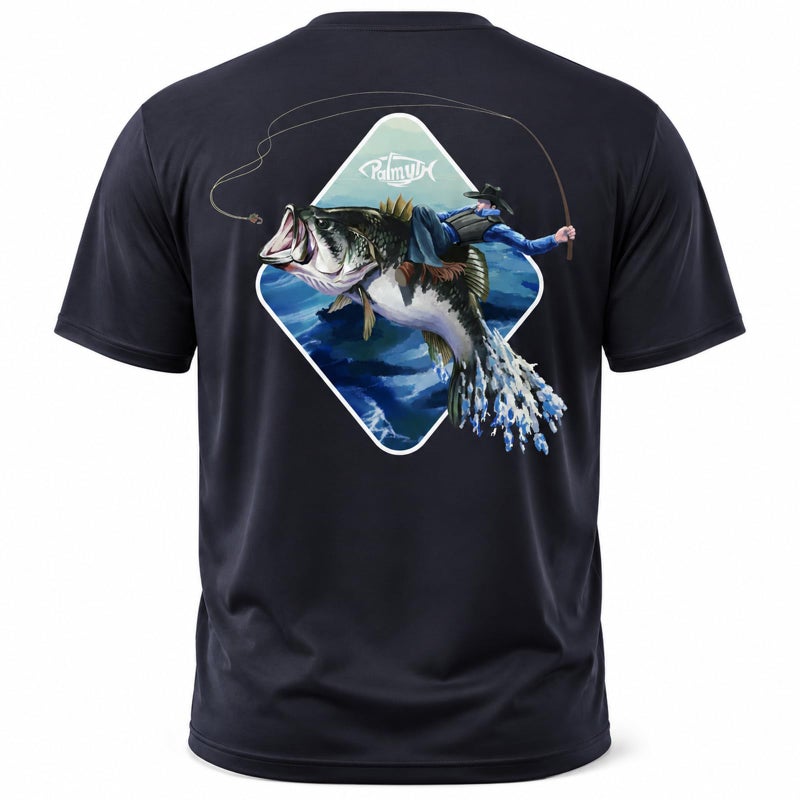 Palmyth Mens Fishing Shirt Short Sleeve Sun Protection UV UPF 50 SPF TShirt BlackCowboy Rides Bass Large - Image 2