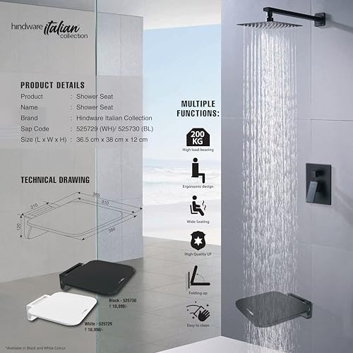 Hindware Italian Collection UF Skybox Shower Seat for Bathroom | Made of UF Material | High Load Bearing up to 200Kg | Wide Seating | Foldable Design | Easy to Clean | Black Color - Image 3