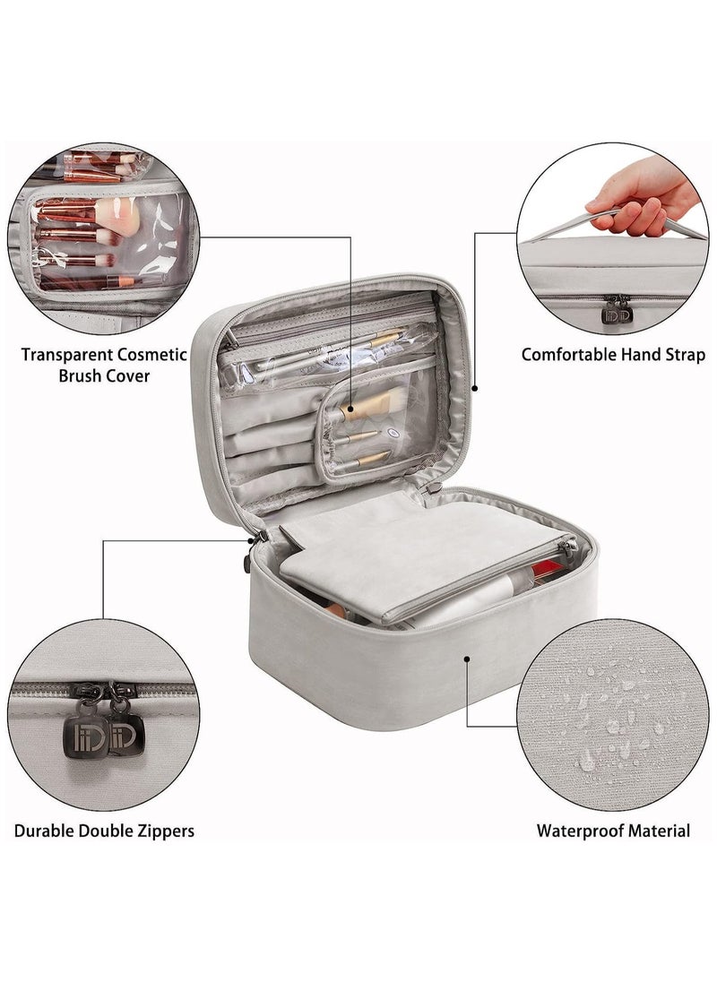AUTOYSUR Makeup Bag Waterproof Cosmetic Bag Leather Makeup Travel Bag Portable Makeup Large Capacity Makeup Brush Bag Multifunctional Makeup Organizer Bag (Grey)  - Image 3