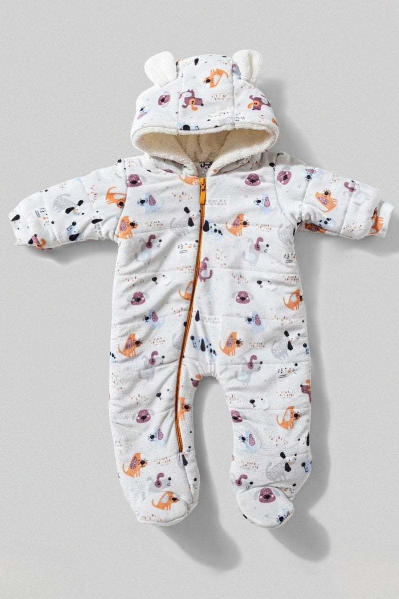 full moon 1 Baby Winter Snowsuit with Hood, Animal Print, Fleece-Lined Zip-Up Romper