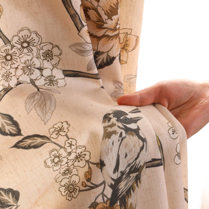 ISAENNE Vintage Beige Semi Blackout Curtains with Grommets,Floral and Bird Pattern Linen Home Decor Curtain for Kitchen Living Room Bedroom Window,2 Panels 53 Inches Wide by 63 Inches Long -Murad - Image 3