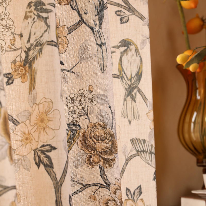 ISAENNE Vintage Beige Semi Blackout Curtains with Grommets,Floral and Bird Pattern Linen Home Decor Curtain for Kitchen Living Room Bedroom Window,2 Panels 53 Inches Wide by 63 Inches Long -Murad - Image 1