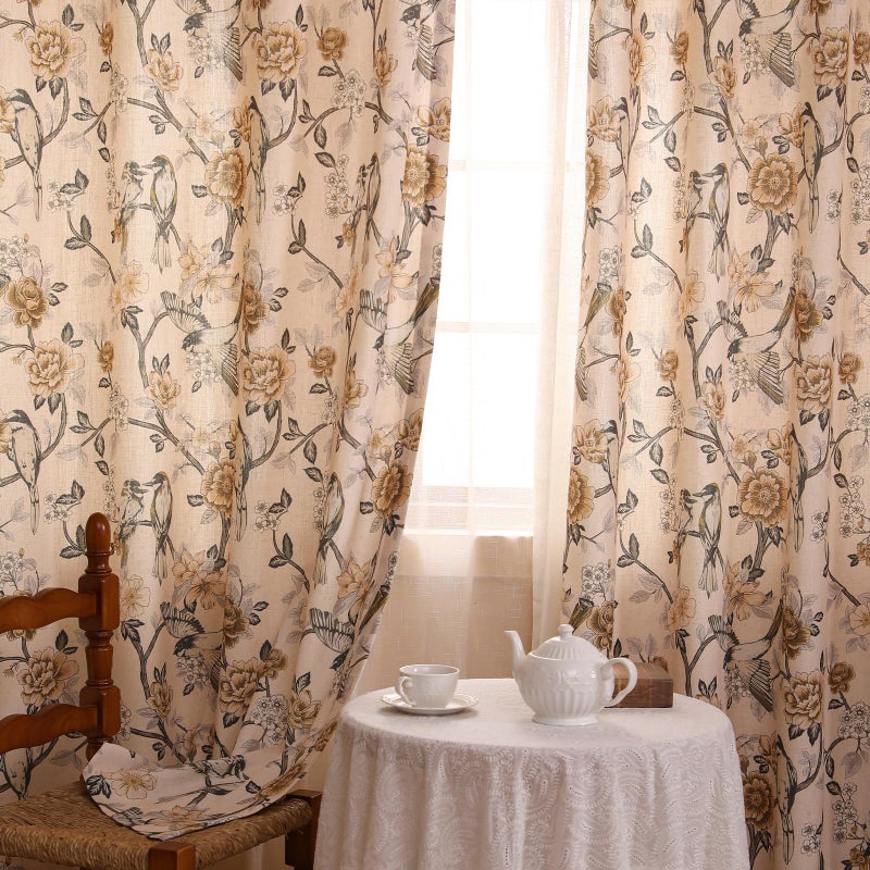 ISAENNE Vintage Beige Semi Blackout Curtains with Grommets,Floral and Bird Pattern Linen Home Decor Curtain for Kitchen Living Room Bedroom Window,2 Panels 53 Inches Wide by 63 Inches Long -Murad - Image 2