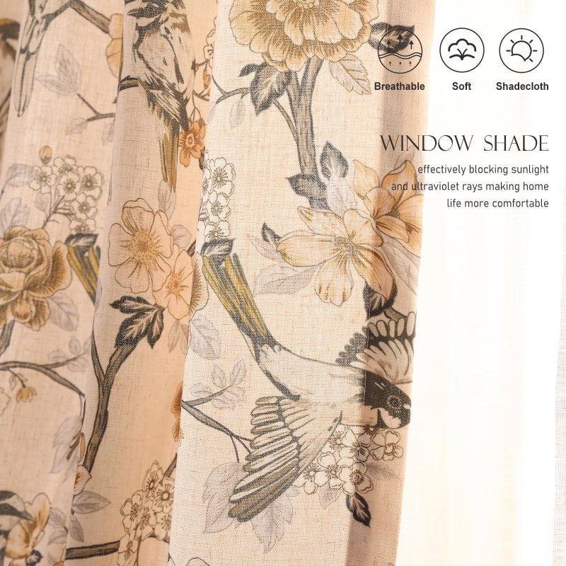 ISAENNE Vintage Beige Semi Blackout Curtains with Grommets,Floral and Bird Pattern Linen Home Decor Curtain for Kitchen Living Room Bedroom Window,2 Panels 53 Inches Wide by 63 Inches Long -Murad - Image 4