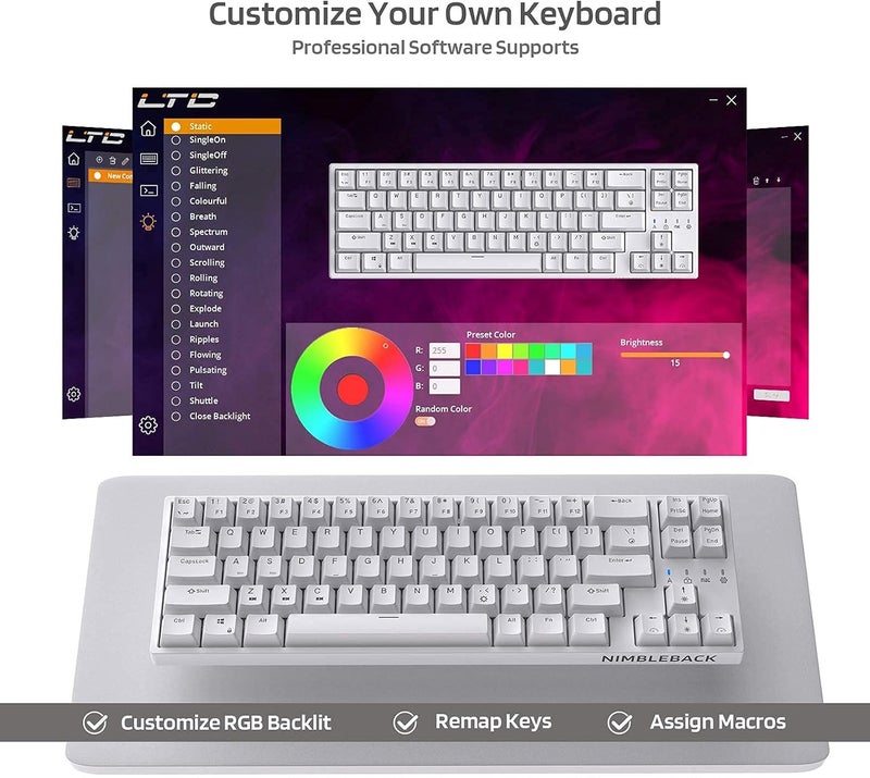 LTC NB681 Nimbleback Wired 65% Mechanical Keyboard, RGB Backlit Ultra-Compact 68 Keys Gaming Keyboard with Hot-Swappable Switch and Stand-Alone Arrow/Control Keys (Hot Swappable Brown Switch, White) - Image 3