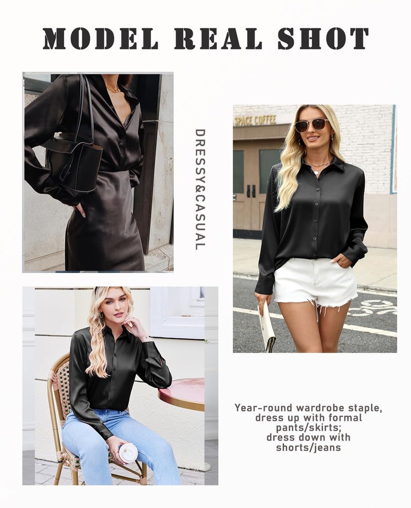 Zeagoo Silk Tops for Women Black Satin Button Up Shirt Women Black - Image 5