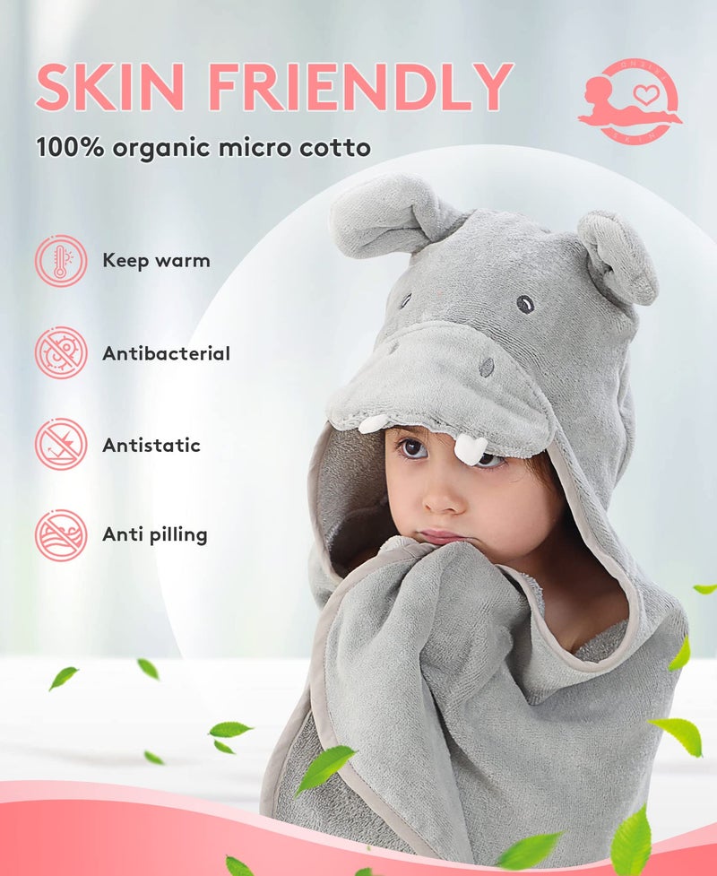 TBEZY Hooded Towel for Kids 100% Cotton Ultra Soft with Unique Animal Design Large for Infants 3-10 Years (Hippo) - Image 4