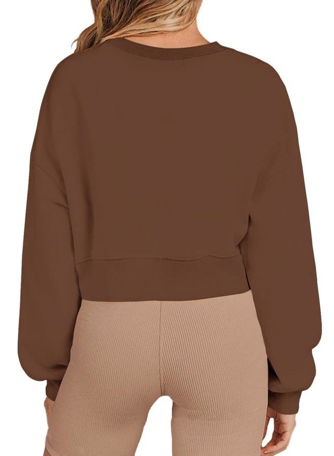Joywayco Women's Long Sleeve Round Neck Cropped Sweatshirts Cute Loose Fit Pullover Tops, Brown, M - Image 3