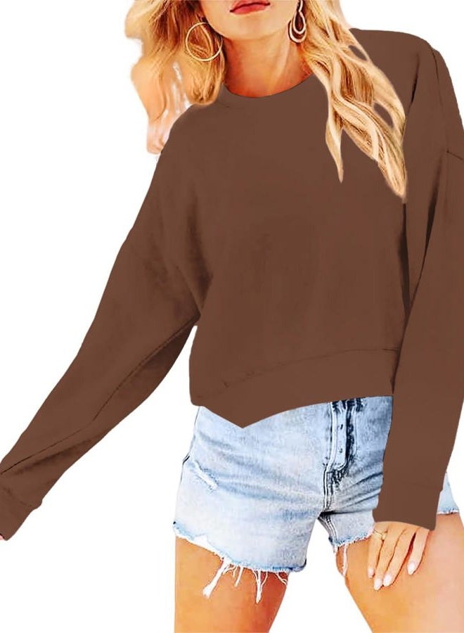 Joywayco Women's Long Sleeve Round Neck Cropped Sweatshirts Cute Loose Fit Pullover Tops, Brown, M - Image 2