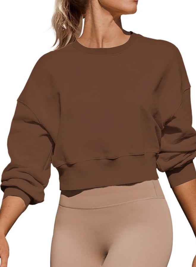 Joywayco Women's Long Sleeve Round Neck Cropped Sweatshirts Cute Loose Fit Pullover Tops, Brown, M - Image 1