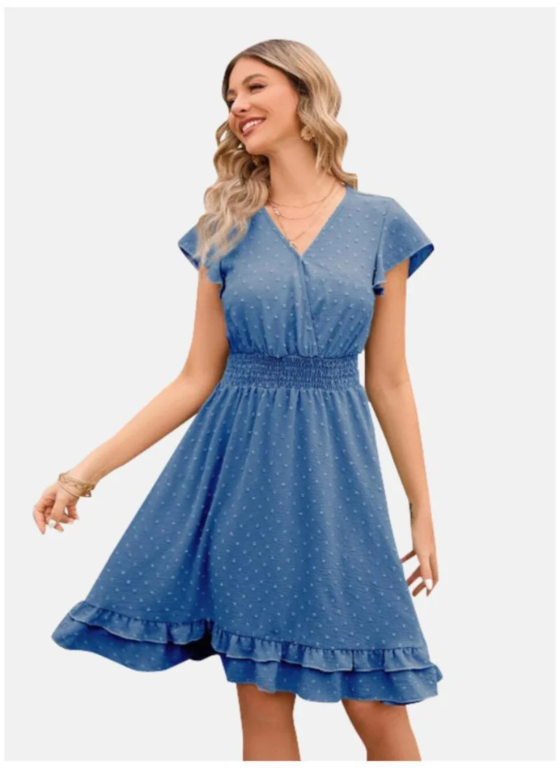 YUNIQEE Blue Self Designed V-Neck Fit & Flare Dress