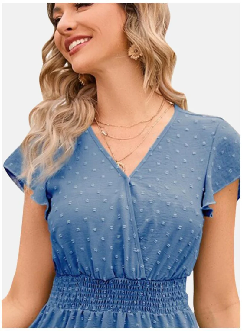 YUNIQEE Blue Self Designed V-Neck Fit & Flare Dress