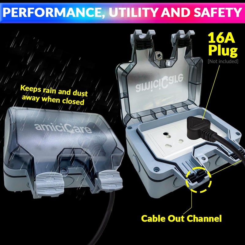amiciCare مأخذ كهربائي مقاوم للماء، صندوق مفتاح كهربائي خارجي 6/16 أمبير IP66 - Image 3