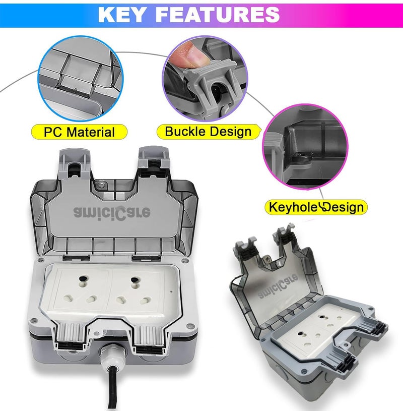 amiciCare مأخذ كهربائي مقاوم للماء، صندوق مفتاح كهربائي خارجي 6/16 أمبير IP66 - Image 4