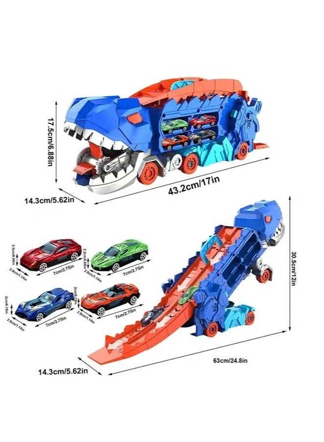 زفيف ديناصور ابتلاع السيارة، Triceratops ديناصور ناقل قابل للطي لعبة مسار الشريحة للأطفال عمر 3 4 5 6 7 8 (الأزرق) لعبة سيارة الطفل الصغير مسار مجموعة للأطفال الأولاد البنات، لعبة الديناصور التعليمية - Image 2