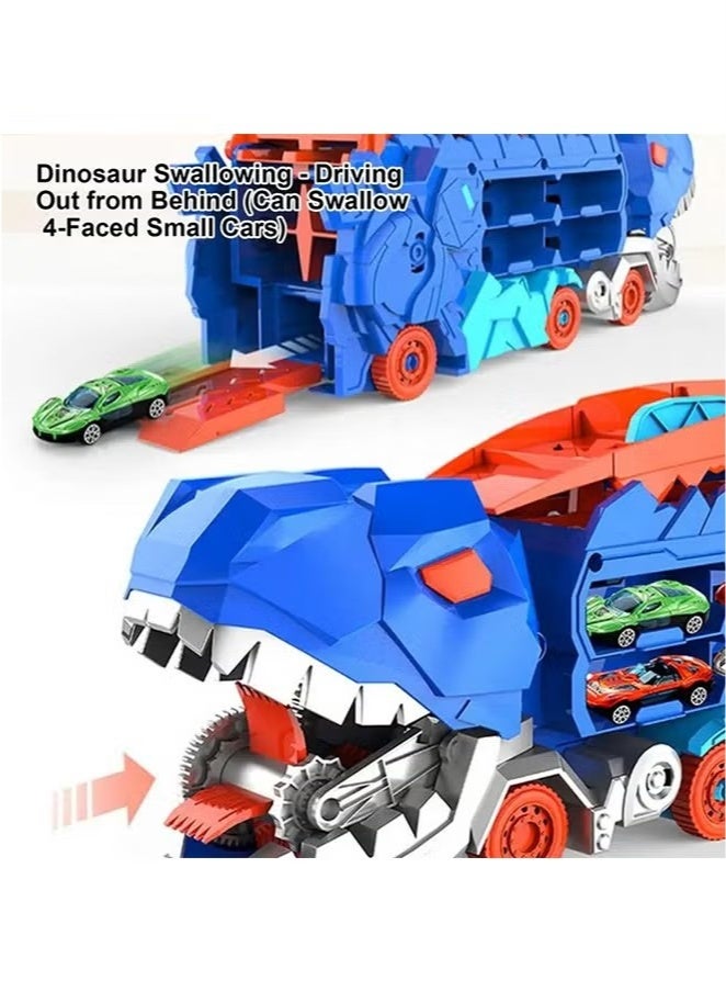 زفيف ديناصور ابتلاع السيارة، Triceratops ديناصور ناقل قابل للطي لعبة مسار الشريحة للأطفال عمر 3 4 5 6 7 8 (الأزرق) لعبة سيارة الطفل الصغير مسار مجموعة للأطفال الأولاد البنات، لعبة الديناصور التعليمية - Image 3