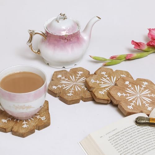 POSH-DIKUR Handcrafted Floral Wooden Coasters for teacups Coffee Drink Glasses | Handcrafted in India | Kitchen/Dining Table Decoration Items | Premium Mango Wood| Set of 4 - Image 4
