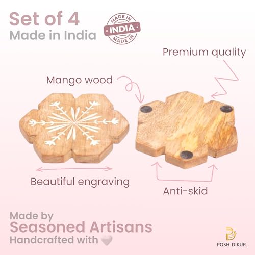 POSH-DIKUR Handcrafted Floral Wooden Coasters for teacups Coffee Drink Glasses | Handcrafted in India | Kitchen/Dining Table Decoration Items | Premium Mango Wood| Set of 4 - Image 5