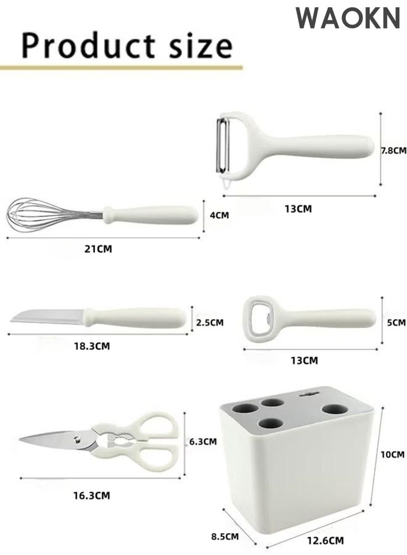 دبليو أيه أو كي أن مجموعة أدوات المطبخ المكونة من 6 قطع مع مقشرة زجاجات، فتاحة، خفاقة، سكين فاكهة، مقص وقاعدة تخزين مزخرفة، تصميم شاشة فلتر سفلية، مادة آمنة للأكل وغير سامة. - Image 5