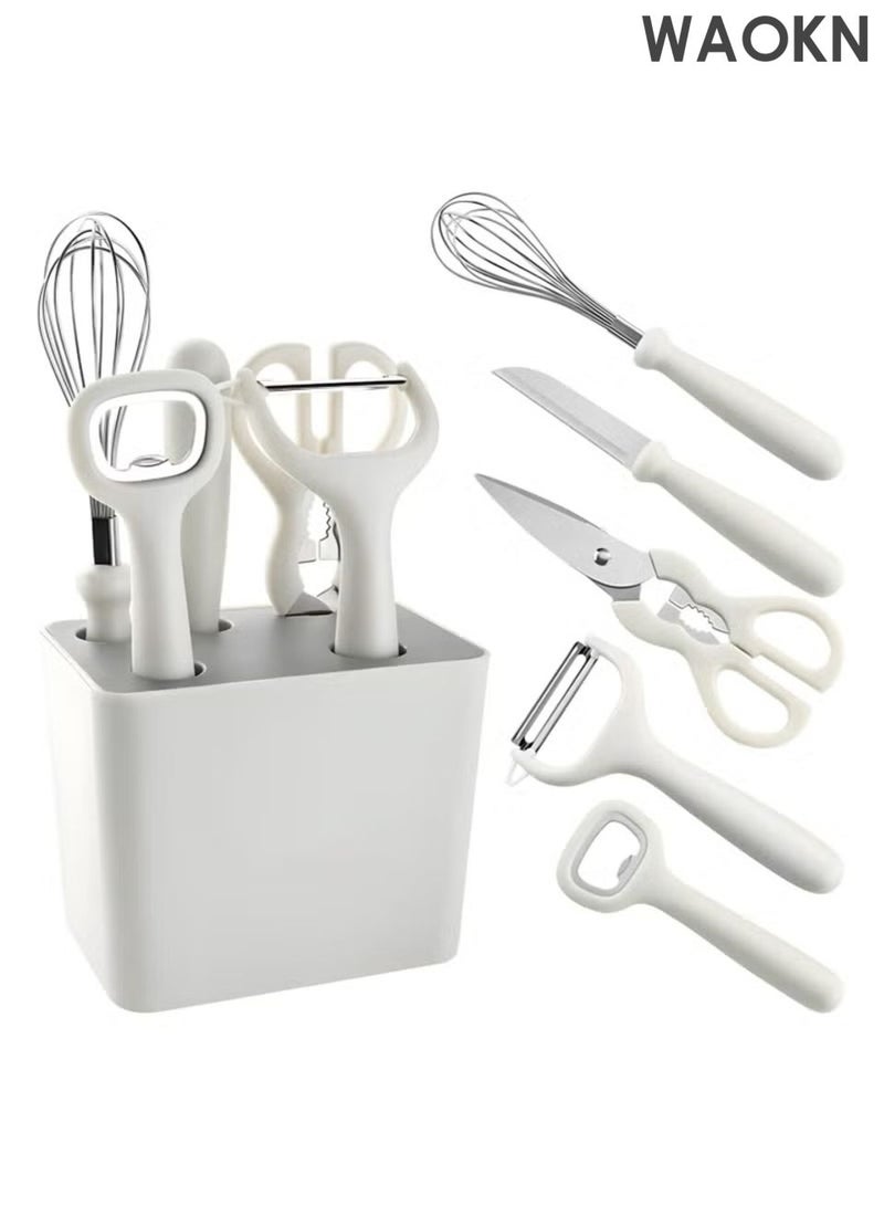 دبليو أيه أو كي أن مجموعة أدوات المطبخ المكونة من 6 قطع مع مقشرة زجاجات، فتاحة، خفاقة، سكين فاكهة، مقص وقاعدة تخزين مزخرفة، تصميم شاشة فلتر سفلية، مادة آمنة للأكل وغير سامة. - Image 1