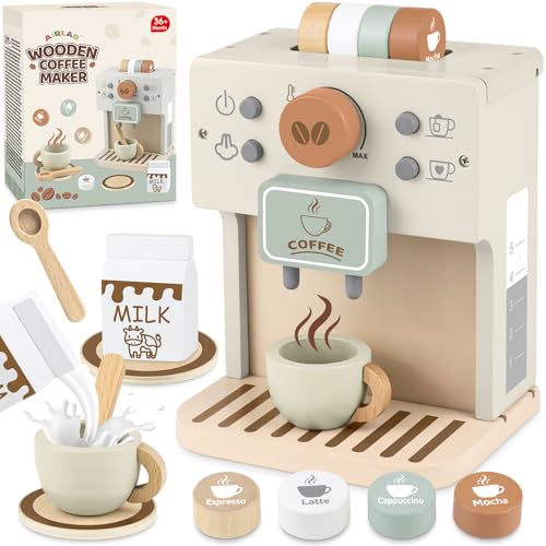 Airlab Toy Coffee Maker for Kids Wooden Kitchen Accessories Pretend Play Toddler Coffee Playset for Girls Boys Ages 3 4 5 Years Birthday Gifts - Image 1
