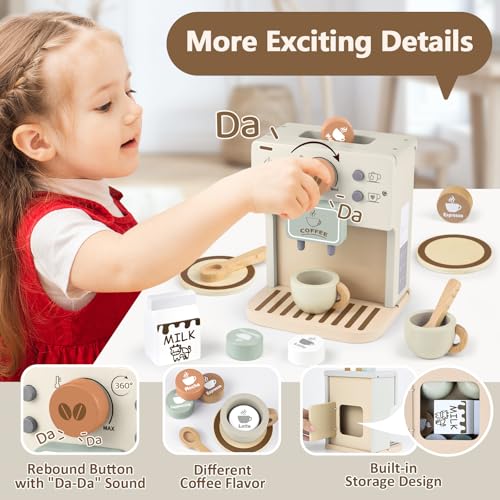 Airlab Toy Coffee Maker for Kids Wooden Kitchen Accessories Pretend Play Toddler Coffee Playset for Girls Boys Ages 3 4 5 Years Birthday Gifts - Image 4