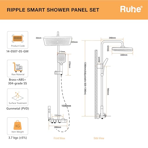 Ruhe Ripple Smart Shower Panel Set, 4-in-1 Multi Flow Functions, Piano Button Shower Panel System, Includes Overhead Shower, 3-Flow Hand Shower and Dual Mode Water Spray Health Faucet - Image 2