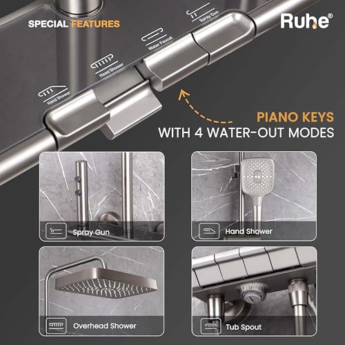 Ruhe Ripple Smart Shower Panel Set, 4-in-1 Multi Flow Functions, Piano Button Shower Panel System, Includes Overhead Shower, 3-Flow Hand Shower and Dual Mode Water Spray Health Faucet - Image 4