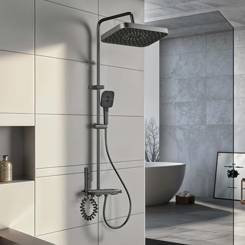 Ruhe Ripple Smart Shower Panel Set, 4-in-1 Multi Flow Functions, Piano Button Shower Panel System, Includes Overhead Shower, 3-Flow Hand Shower and Dual Mode Water Spray Health Faucet - Image 1